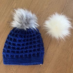 BRAND NEW blue hat with removable and switchable puff